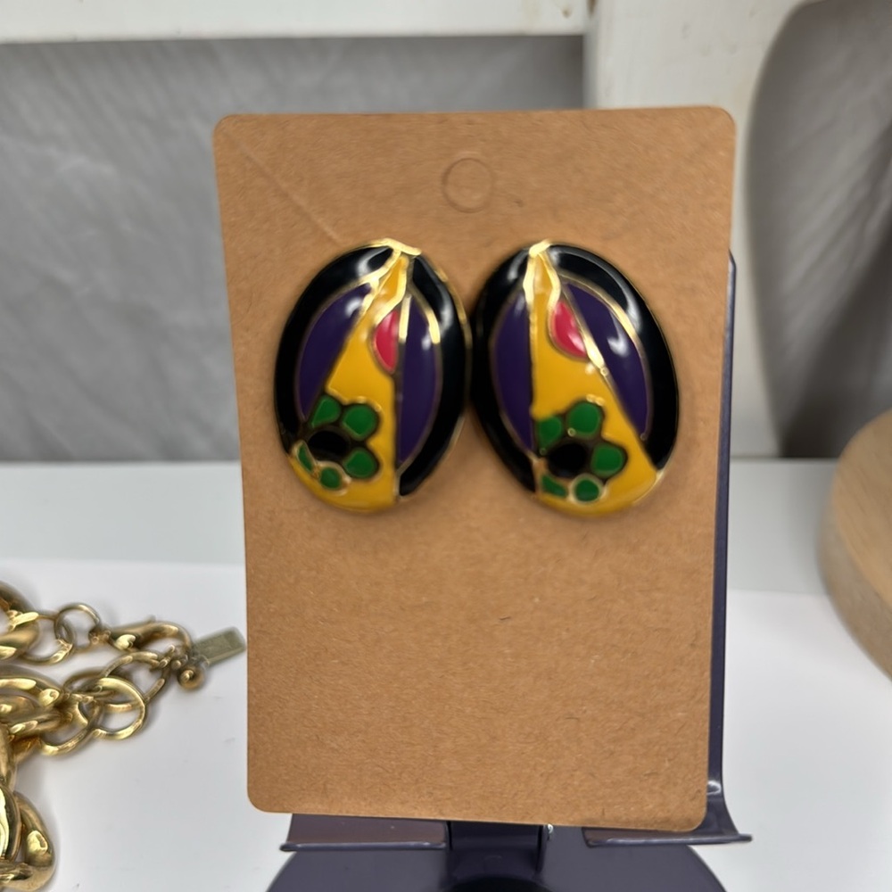 80s Enamel Vibrant Bright Colorful Oval Vintage Earrings